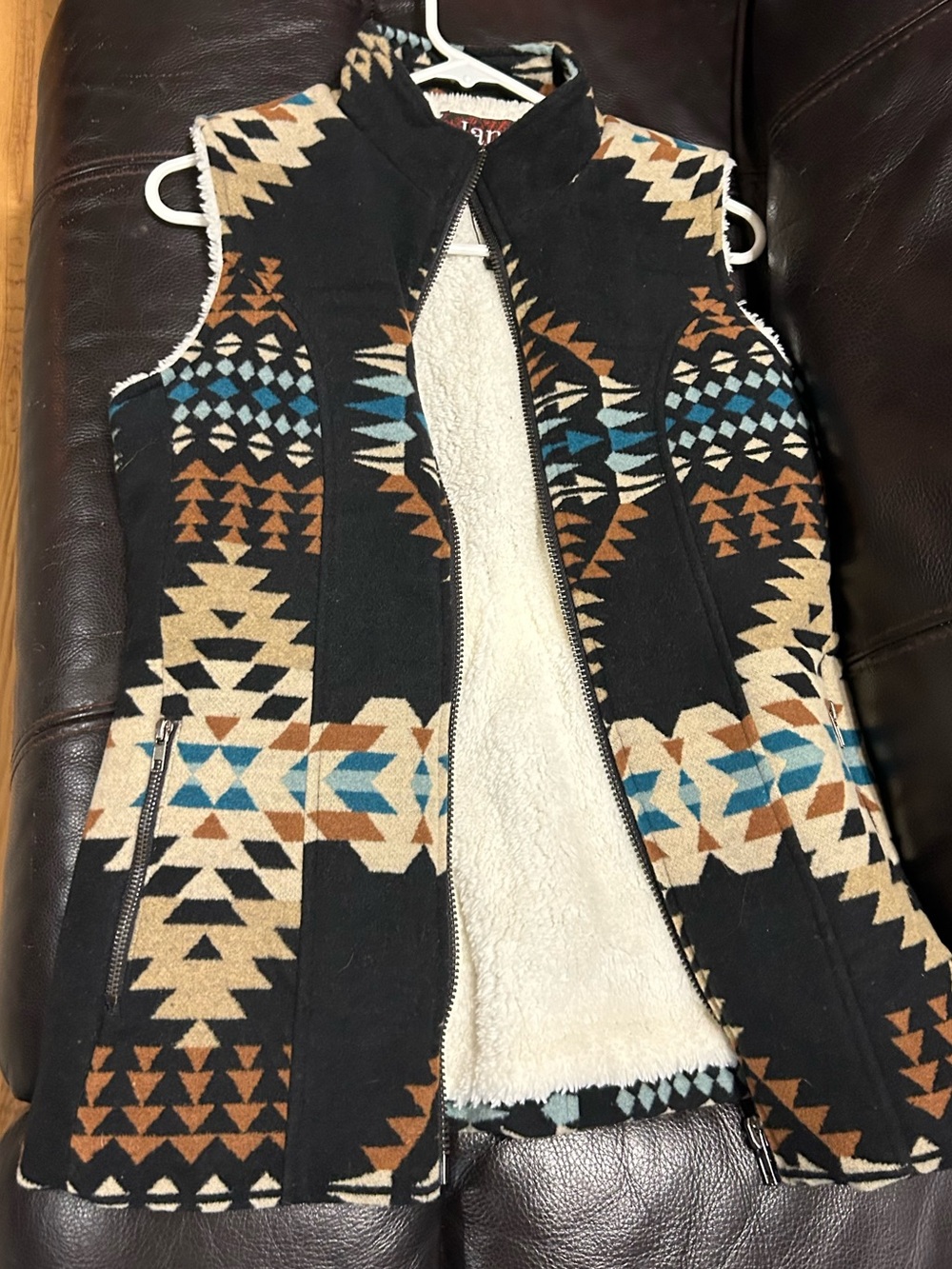 Southwestern Pattern Fleece-Lined Vest in Black, Cream, Tan & Teal